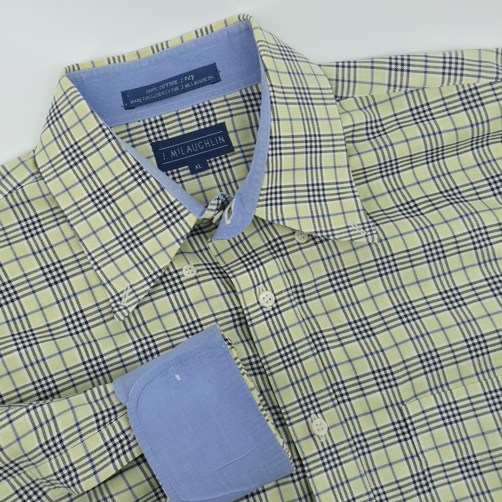 J McLaughlin Men's Sz XLarge Button Down Shirt Plaid Blue Yellow Cotton 2ply